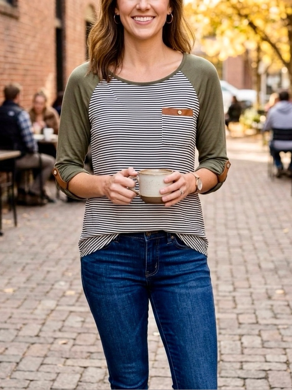 Pink Clover Olive Raglan Stripe 3/4 Roll Tab Sleeve Pocket Top Women’s Medium